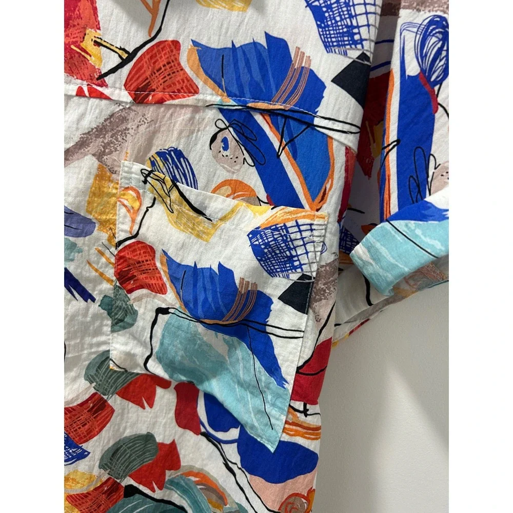 Histor Womens Abstract Art Print Short Sleeve Button Down Shirt Multi Color L